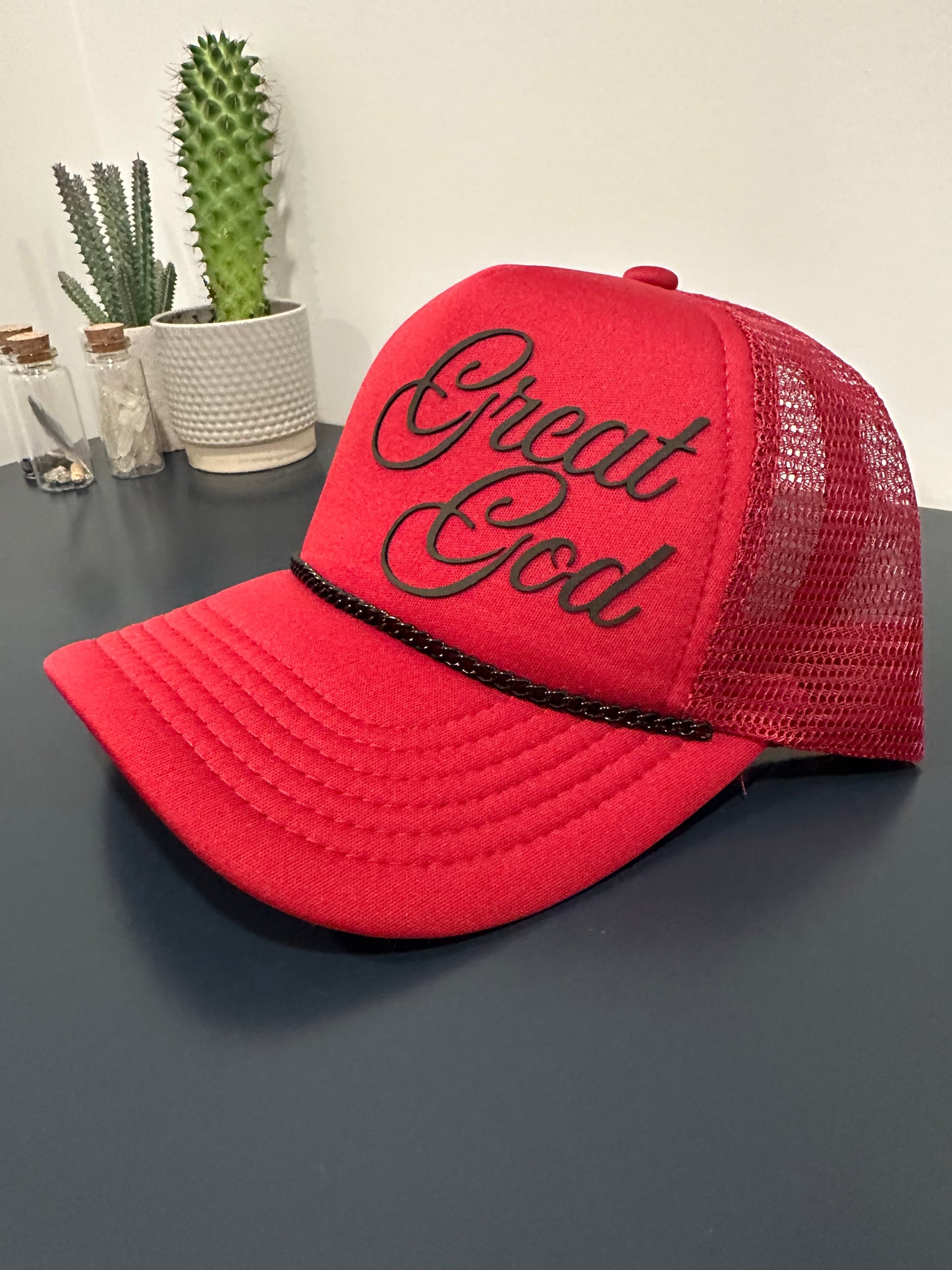 Great God — Burgundy Trucker Hat with black bill bling