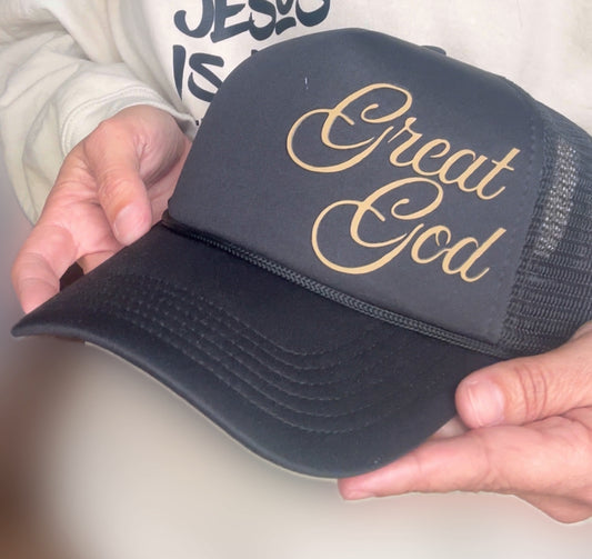 Tan “Great God” on Black Ponytail Trucker Hat