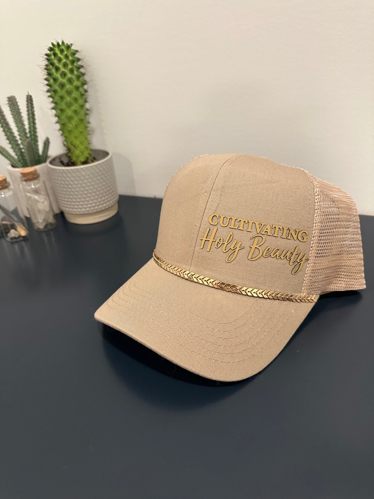 Tan 6-panel Pony Trucker Hat with Bill Bling and Tan Logo