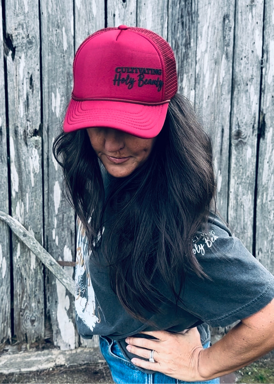 Burgundy Trucker Hat with Bill Bling and Black Cultivating Holy Beauty Logo