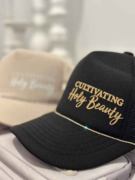 Black Pony Trucker Hat w/ Tan Logo & Bill Bling