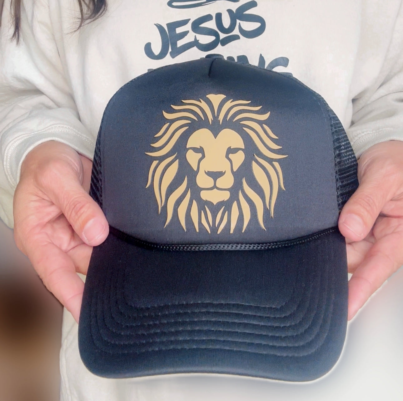 Tan Lion on Black Ponytail Trucker Hat