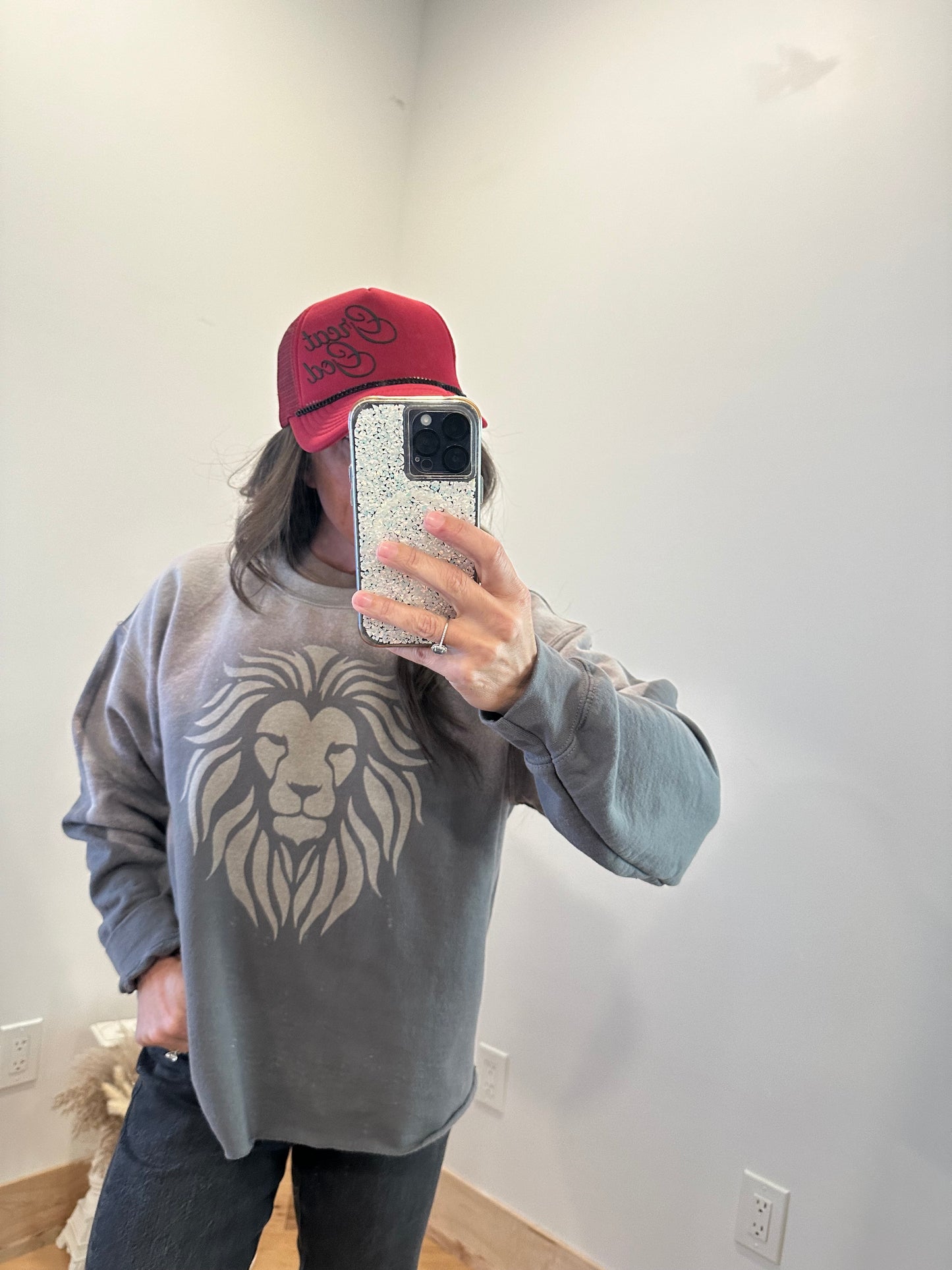 Lion Head His Name Is Holy Custom Sun faded Classy Crop Grey Crew