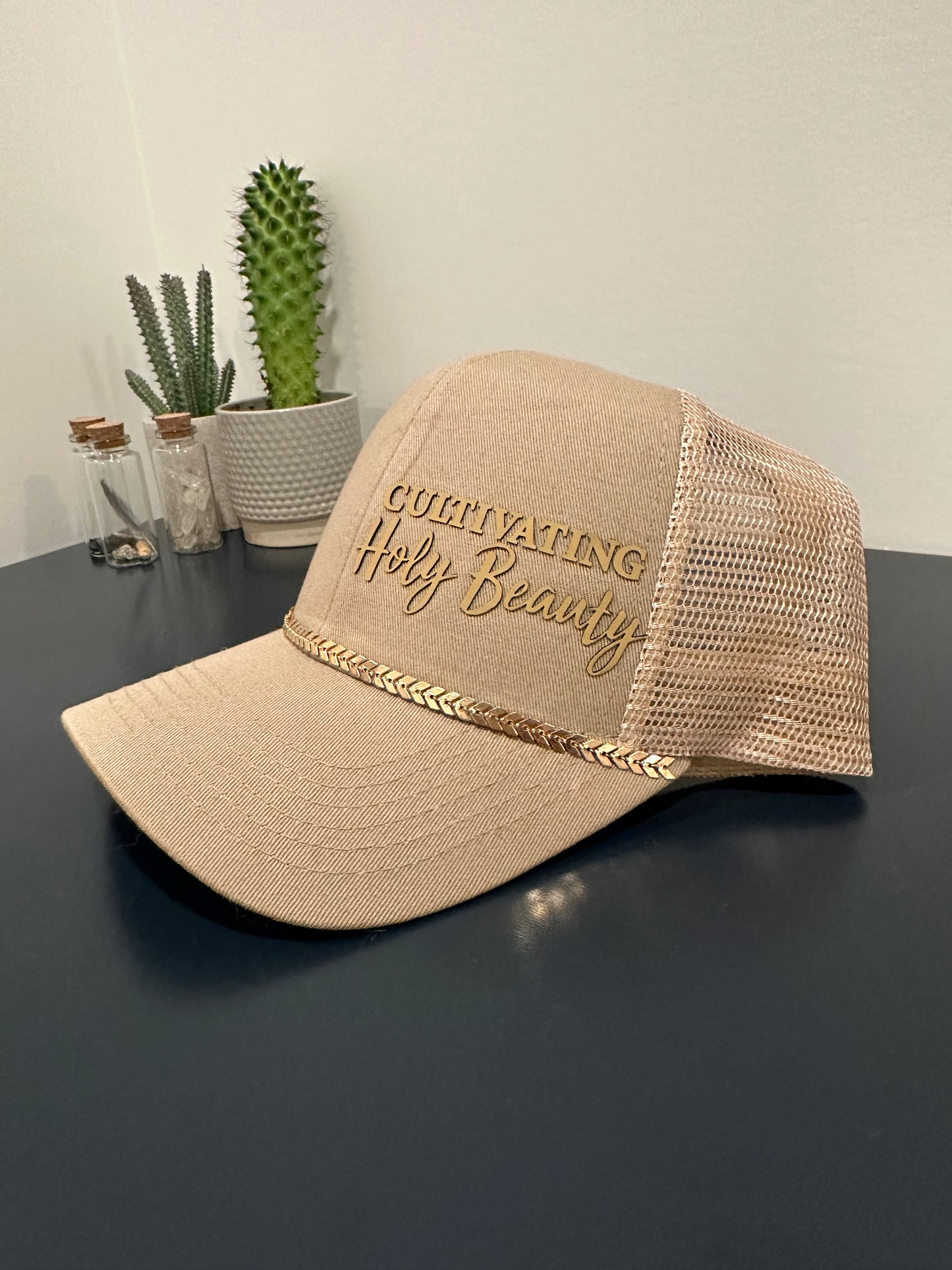 Tan 6-panel Pony Trucker Hat with Bill Bling and Tan Logo