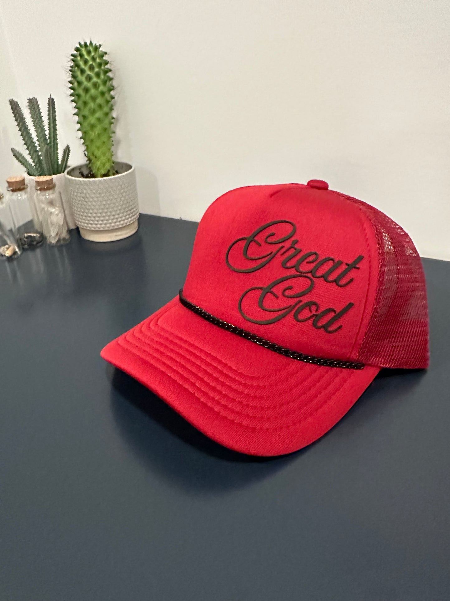 Great God — Burgundy Trucker Hat with black bill bling