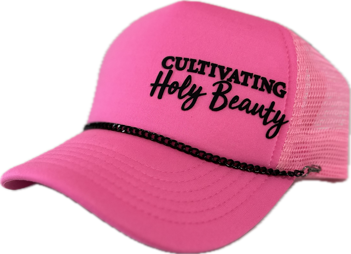 HOT HOT PINK Trucker Hat w/ Black Logo & Bill Bling