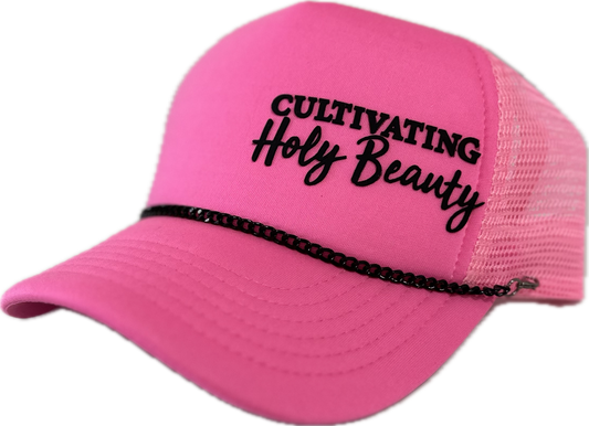 HOT HOT PINK Trucker Hat w/ Black Logo & Bill Bling