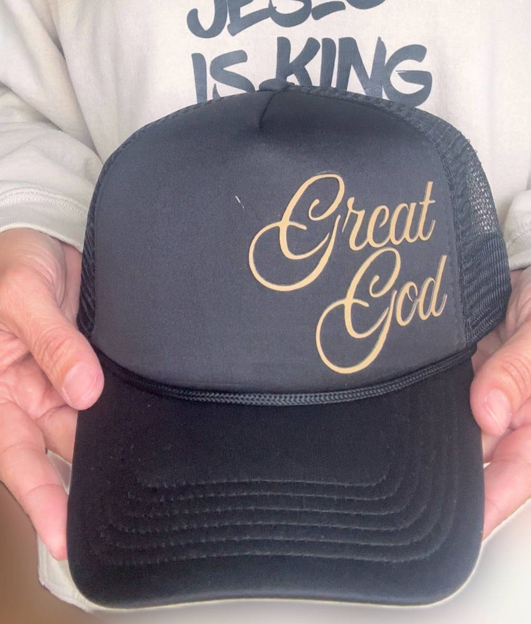 Tan “Great God” on Black Ponytail Trucker Hat