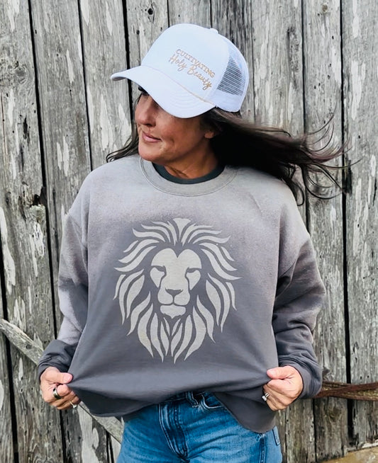 Lion Head His Name Is Holy Custom Sun faded Classy Crop Grey Crew