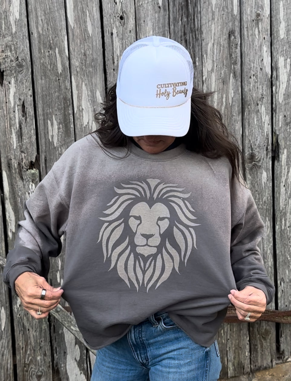 Lion Head His Name Is Holy Custom Sun faded Classy Crop Grey Crew